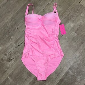 NEW Betsey Johnson Vibrant Pink Cotton Candy Ruched One Piece Bathing Suit Pinup